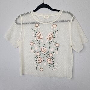 Parc & Lex Cream‎ Mesh Womens M Medium Swiss Dot Floral Embroidery Short Sleeve
